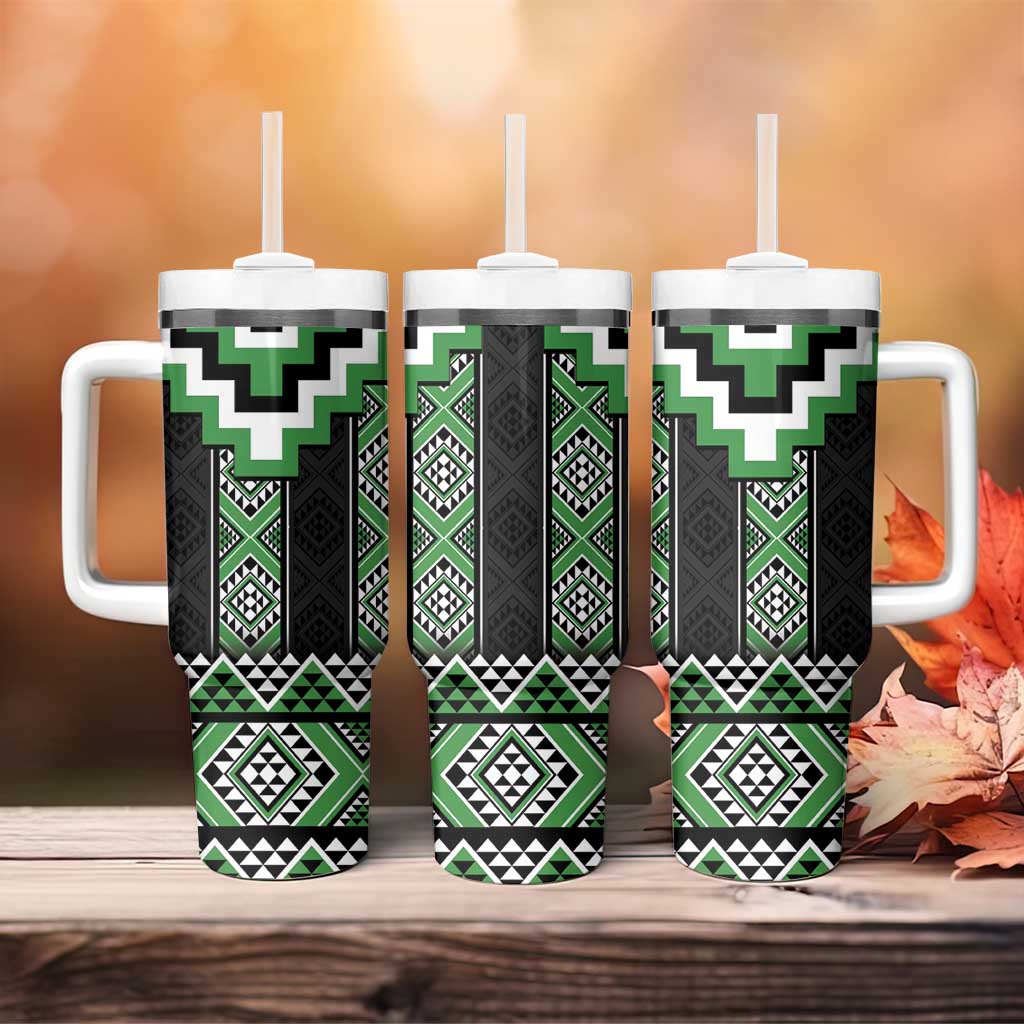 Green Taniko Pattern Aotearoa Tumbler With Handle Niho Taniwha Mix Poutama LT14