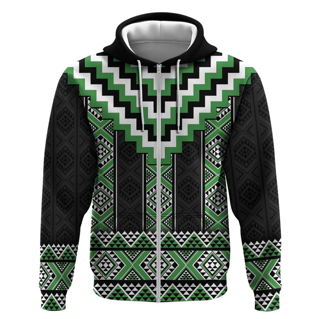 Green Taniko Pattern Aotearoa Zip Hoodie Niho Taniwha Mix Poutama LT14