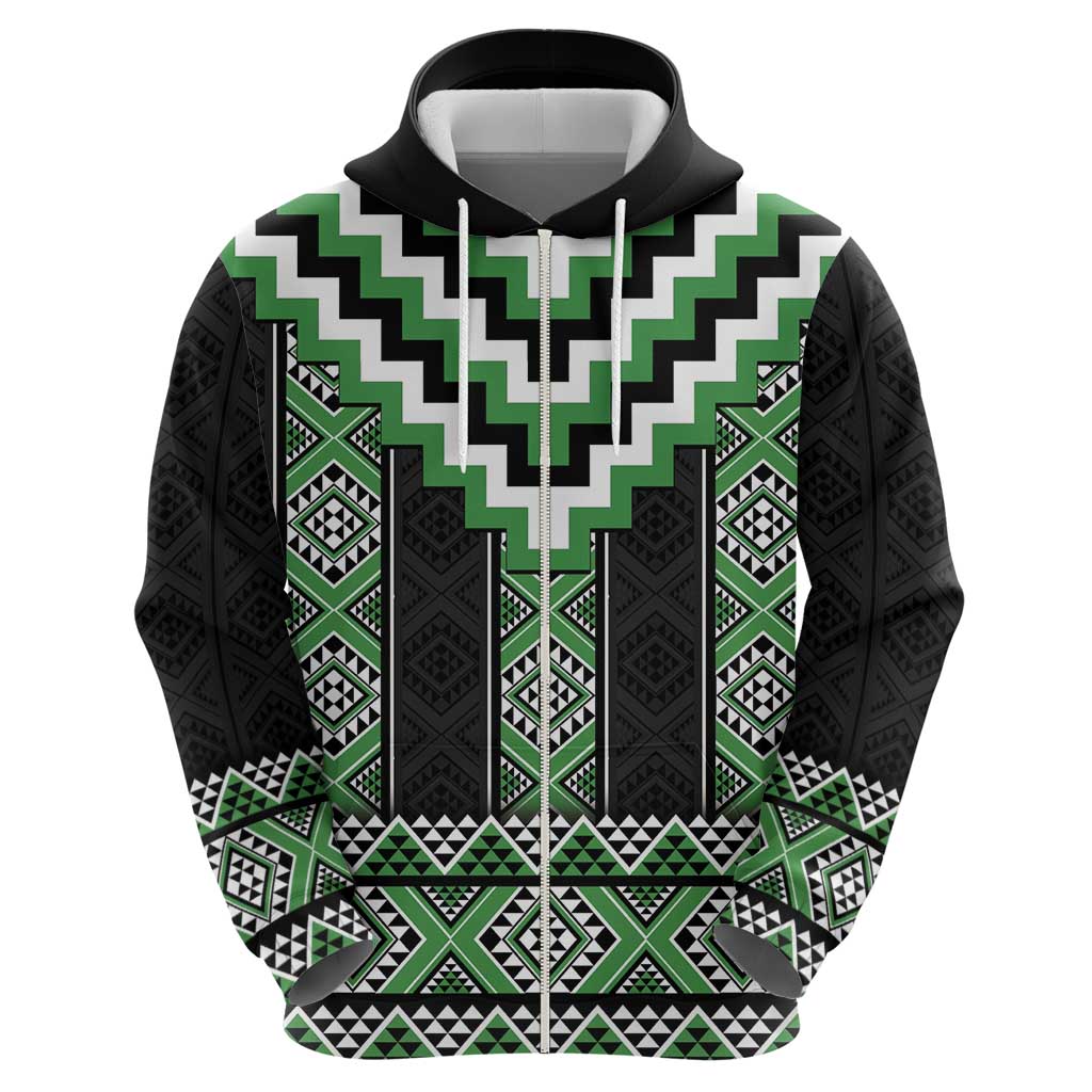 Green Taniko Pattern Aotearoa Zip Hoodie Niho Taniwha Mix Poutama LT14