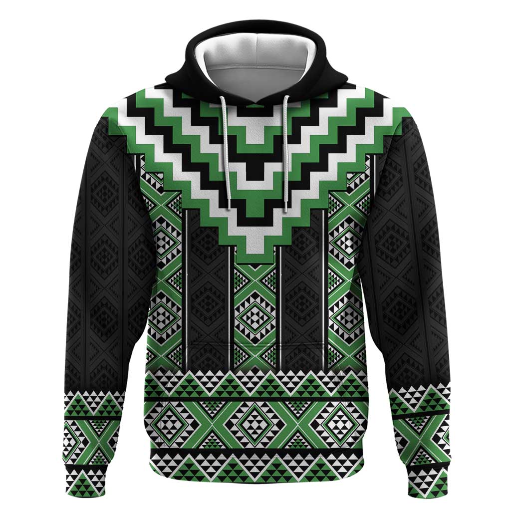 Green Taniko Pattern Aotearoa Zip Hoodie Niho Taniwha Mix Poutama LT14