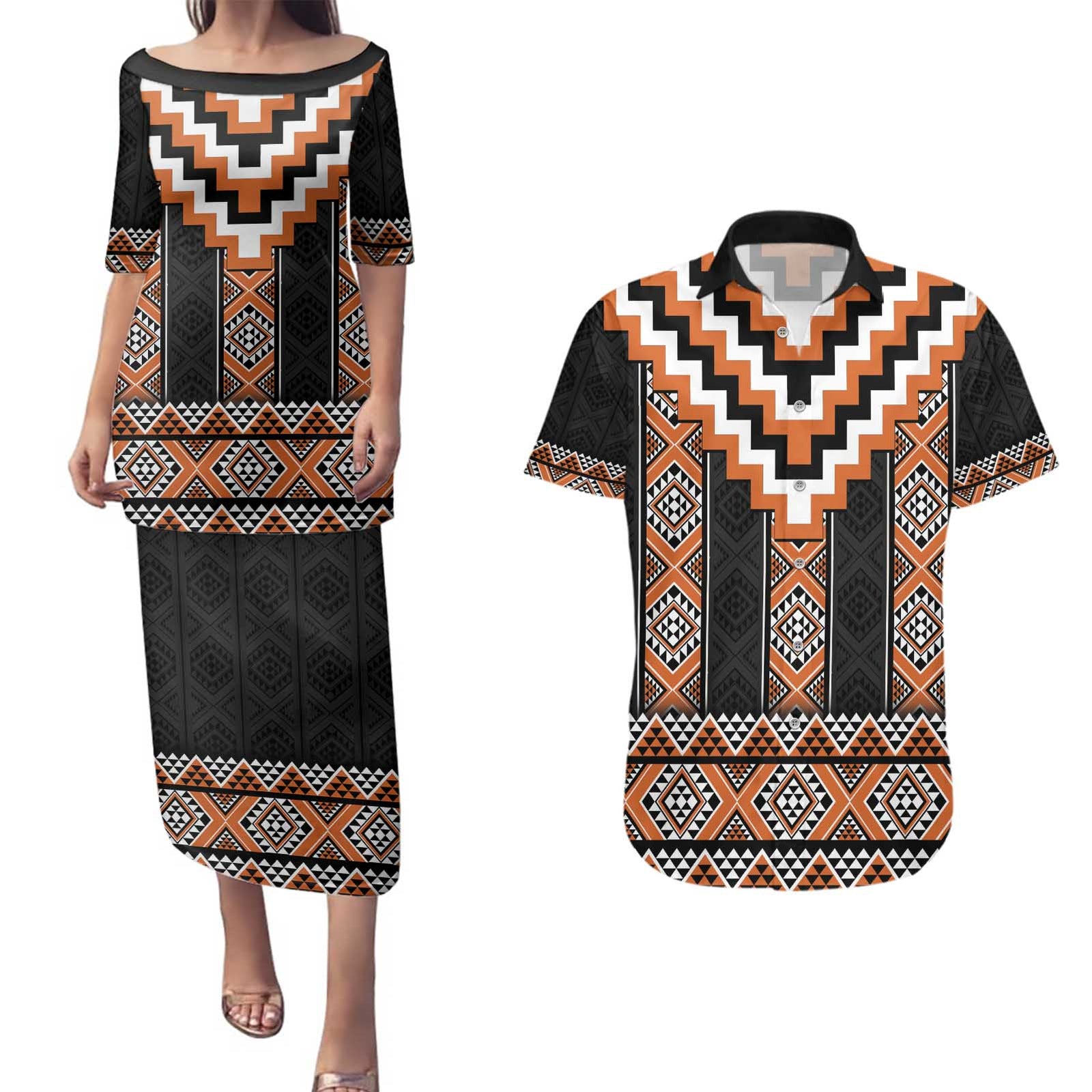 Orange Taniko Pattern Aotearoa Couples Matching Puletasi and Hawaiian Shirt Niho Taniwha Mix Poutama LT14