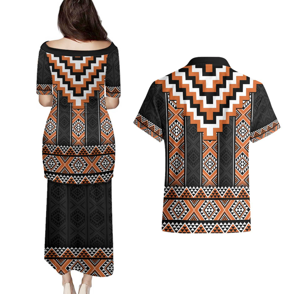 Orange Taniko Pattern Aotearoa Couples Matching Puletasi and Hawaiian Shirt Niho Taniwha Mix Poutama LT14