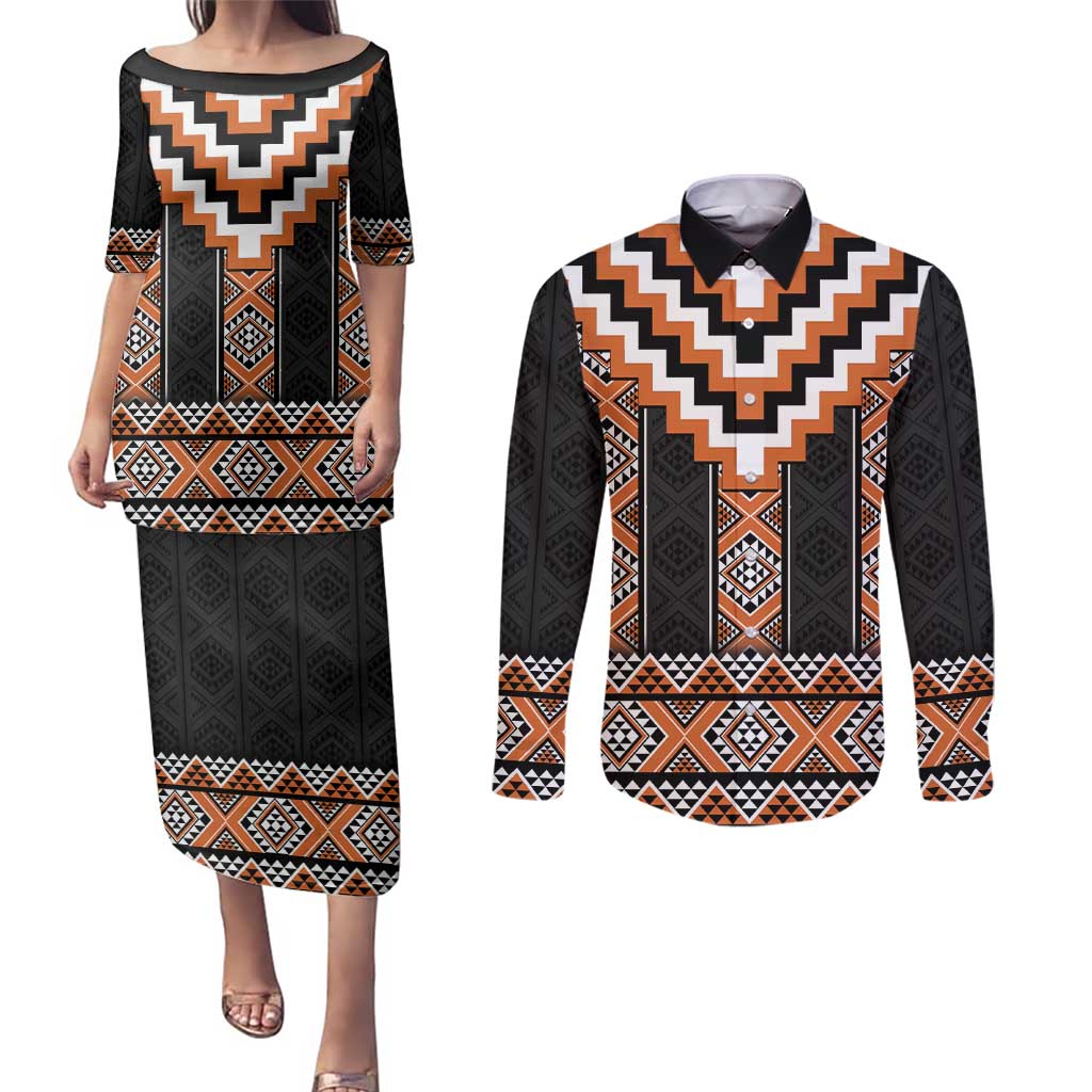 Orange Taniko Pattern Aotearoa Couples Matching Puletasi and Long Sleeve Button Shirt Niho Taniwha Mix Poutama LT14 Orange - Polynesian Pride