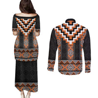 Orange Taniko Pattern Aotearoa Couples Matching Puletasi and Long Sleeve Button Shirt Niho Taniwha Mix Poutama LT14 - Polynesian Pride