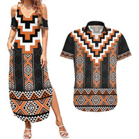 Orange Taniko Pattern Aotearoa Couples Matching Summer Maxi Dress and Hawaiian Shirt Niho Taniwha Mix Poutama LT14