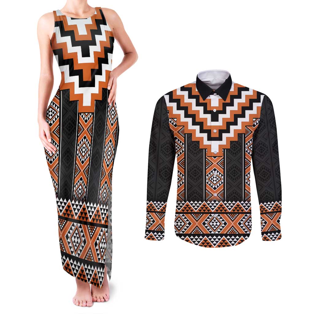 Orange Taniko Pattern Aotearoa Couples Matching Tank Maxi Dress and Long Sleeve Button Shirt Niho Taniwha Mix Poutama LT14