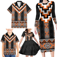 Orange Taniko Pattern Aotearoa Family Matching Long Sleeve Bodycon Dress and Hawaiian Shirt Niho Taniwha Mix Poutama LT14