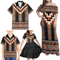 Orange Taniko Pattern Aotearoa Family Matching Off Shoulder Maxi Dress and Hawaiian Shirt Niho Taniwha Mix Poutama LT14
