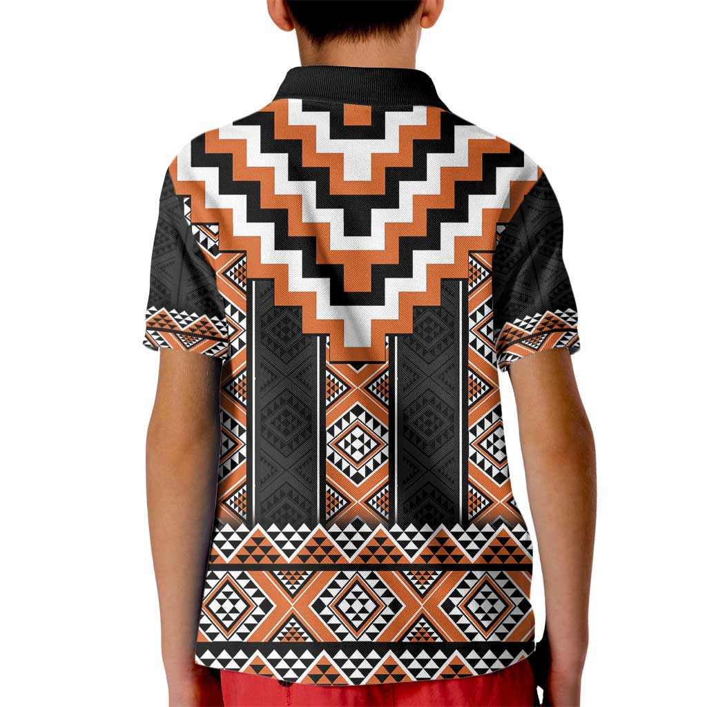 Orange Taniko Pattern Aotearoa Kid Polo Shirt Niho Taniwha Mix Poutama LT14