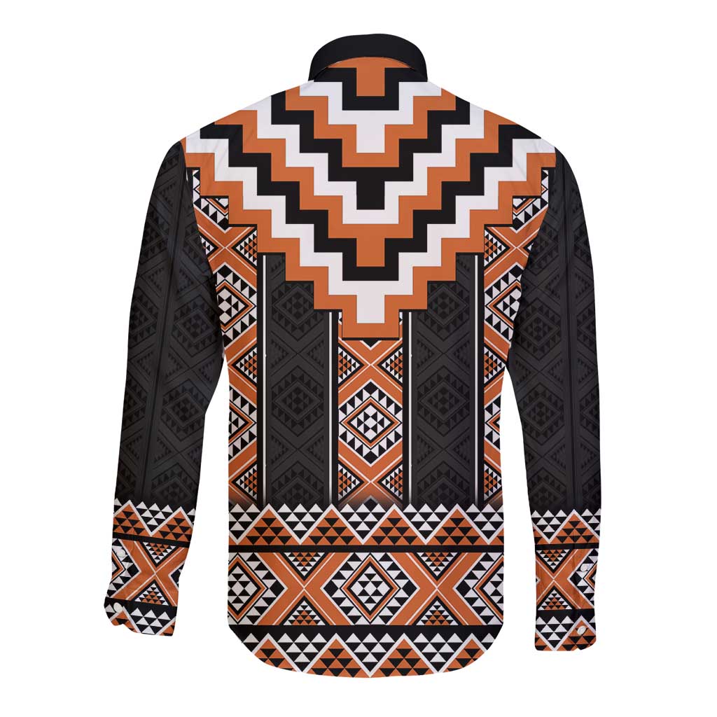 Orange Taniko Pattern Aotearoa Long Sleeve Button Shirt Niho Taniwha Mix Poutama LT14