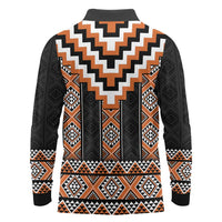 Orange Taniko Pattern Aotearoa Long Sleeve Polo Shirt Niho Taniwha Mix Poutama LT14