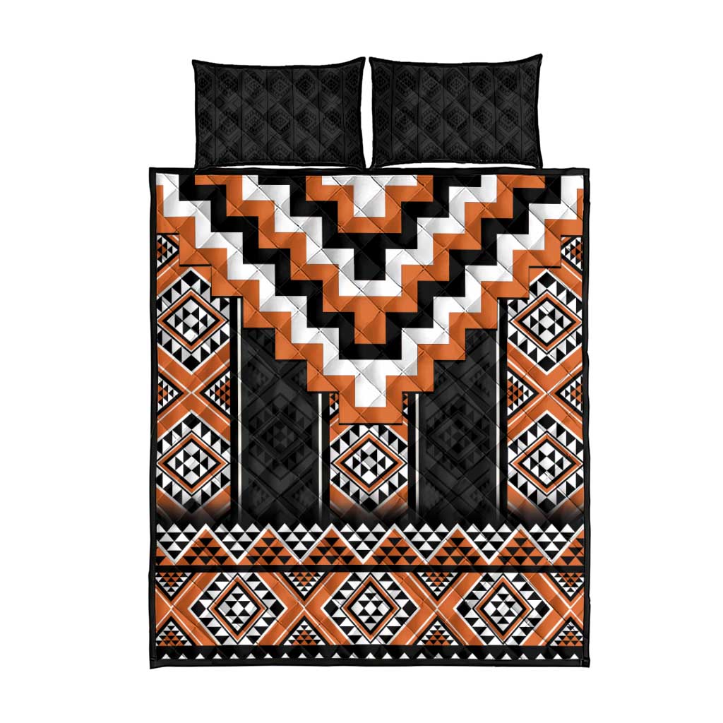 Orange Taniko Pattern Aotearoa Quilt Bed Set Niho Taniwha Mix Poutama