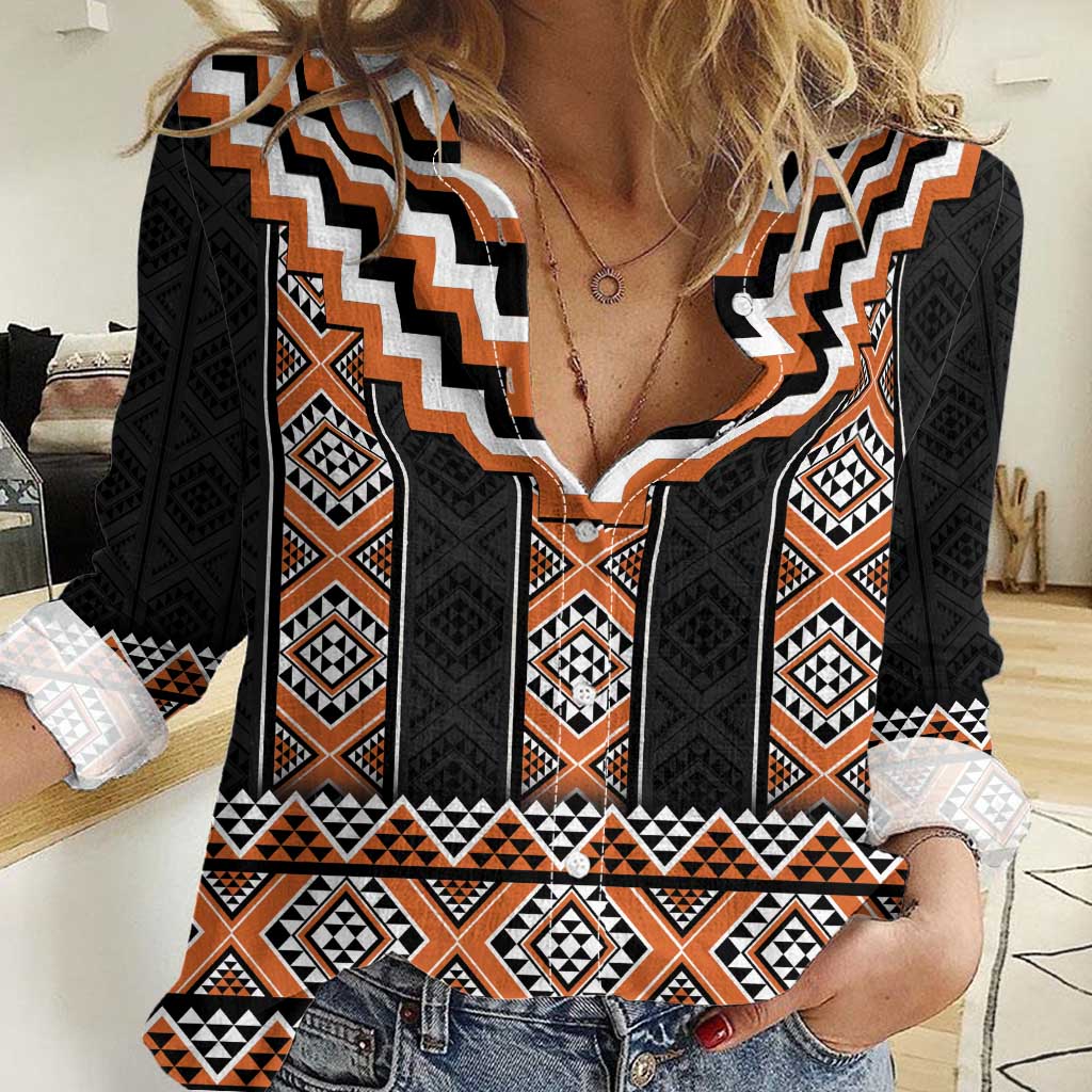 Orange Taniko Pattern Aotearoa Women Casual Shirt Niho Taniwha Mix Poutama LT14