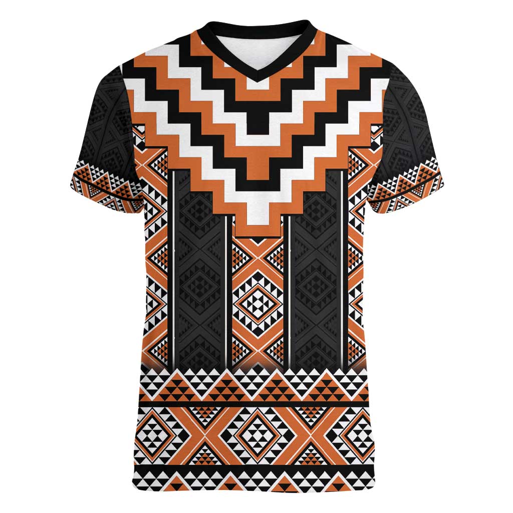 Orange Taniko Pattern Aotearoa Women V-Neck T-Shirt Niho Taniwha Mix Poutama LT14 Female Orange - Polynesian Pride