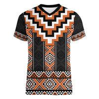 Orange Taniko Pattern Aotearoa Women V-Neck T-Shirt Niho Taniwha Mix Poutama LT14 Female Orange - Polynesian Pride
