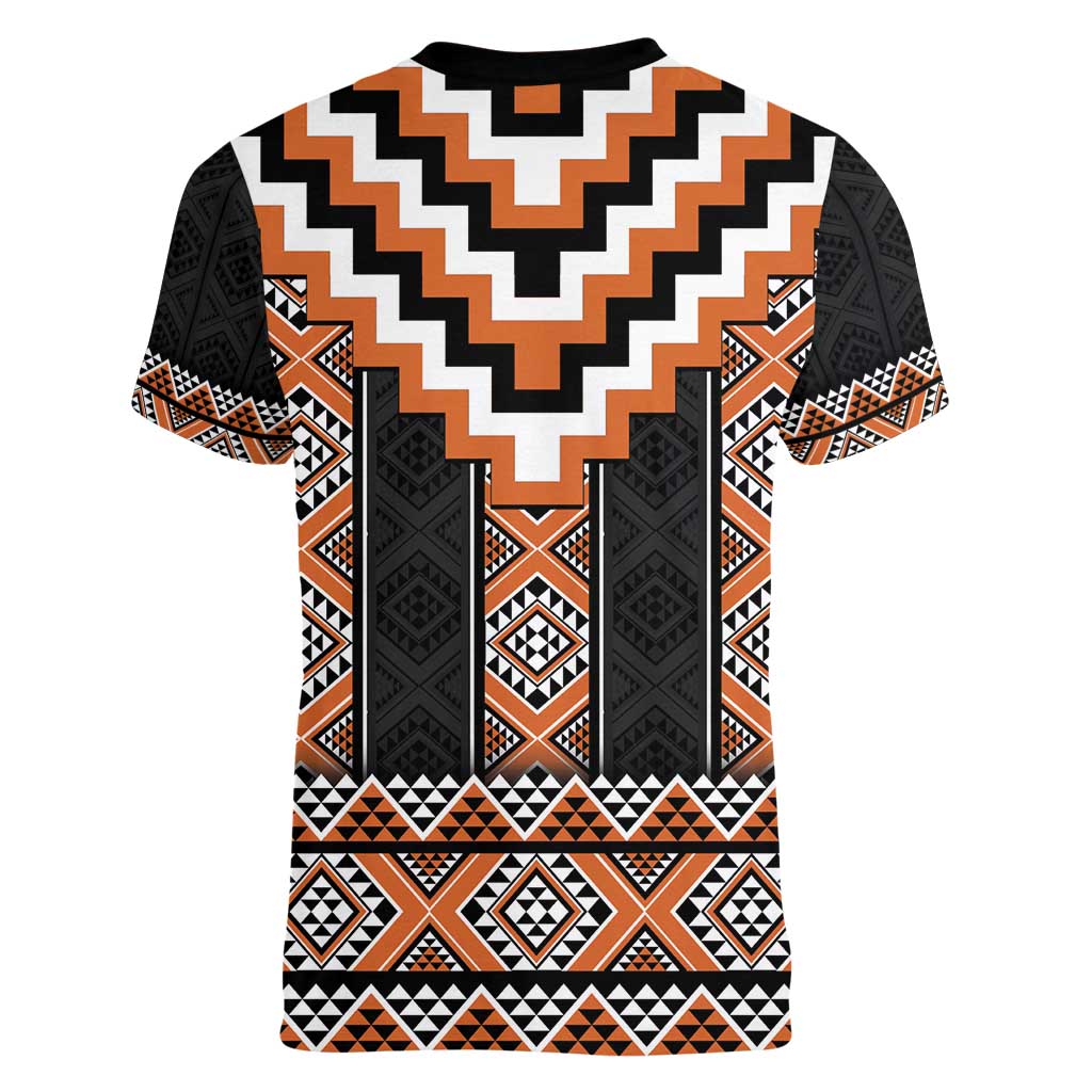 Orange Taniko Pattern Aotearoa Women V-Neck T-Shirt Niho Taniwha Mix Poutama LT14 - Polynesian Pride