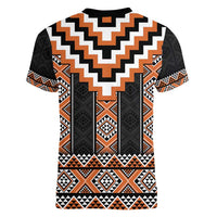 Orange Taniko Pattern Aotearoa Women V-Neck T-Shirt Niho Taniwha Mix Poutama LT14 - Polynesian Pride