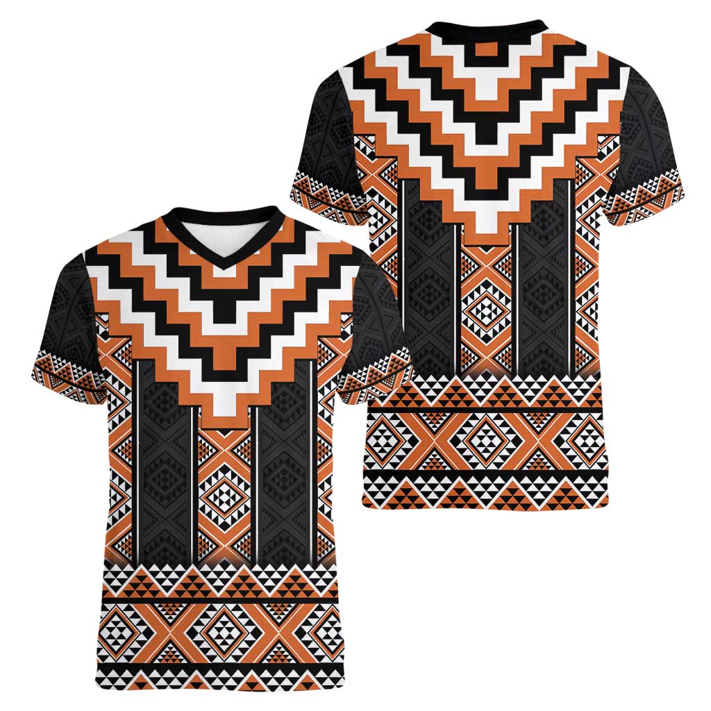 Orange Taniko Pattern Aotearoa Women V-Neck T-Shirt Niho Taniwha Mix Poutama LT14 - Polynesian Pride