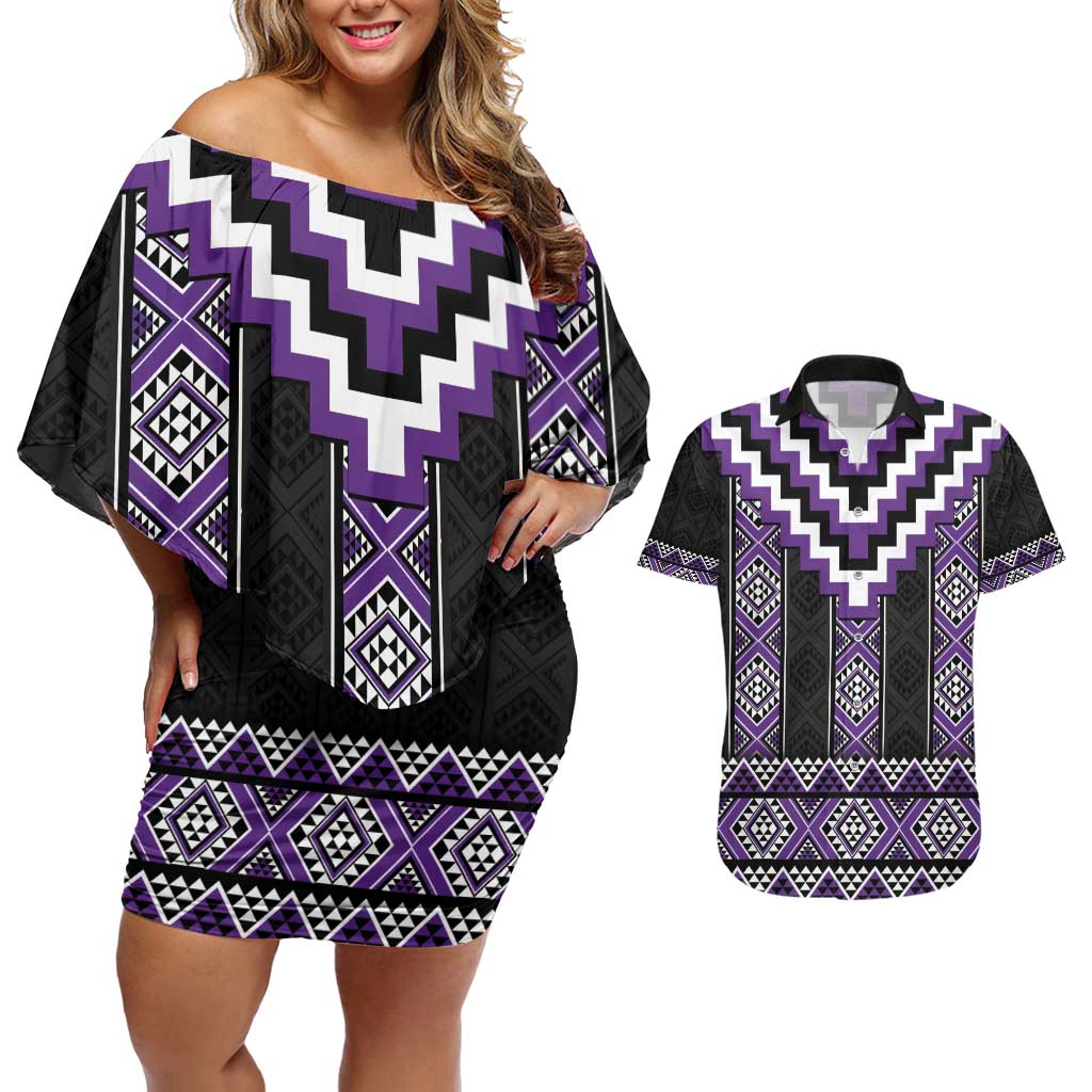 Purple Taniko Pattern Aotearoa Couples Matching Off Shoulder Short Dress and Hawaiian Shirt Niho Taniwha Mix Poutama LT14