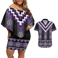 Purple Taniko Pattern Aotearoa Couples Matching Off Shoulder Short Dress and Hawaiian Shirt Niho Taniwha Mix Poutama LT14