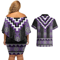 Purple Taniko Pattern Aotearoa Couples Matching Off Shoulder Short Dress and Hawaiian Shirt Niho Taniwha Mix Poutama LT14