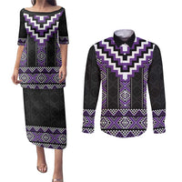 Purple Taniko Pattern Aotearoa Couples Matching Puletasi and Long Sleeve Button Shirt Niho Taniwha Mix Poutama LT14 Purple - Polynesian Pride