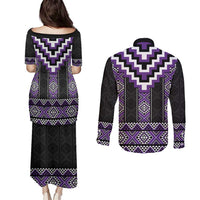 Purple Taniko Pattern Aotearoa Couples Matching Puletasi and Long Sleeve Button Shirt Niho Taniwha Mix Poutama LT14 - Polynesian Pride