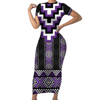 Purple Taniko Pattern Aotearoa Family Matching Short Sleeve Bodycon Dress and Hawaiian Shirt Niho Taniwha Mix Poutama LT14