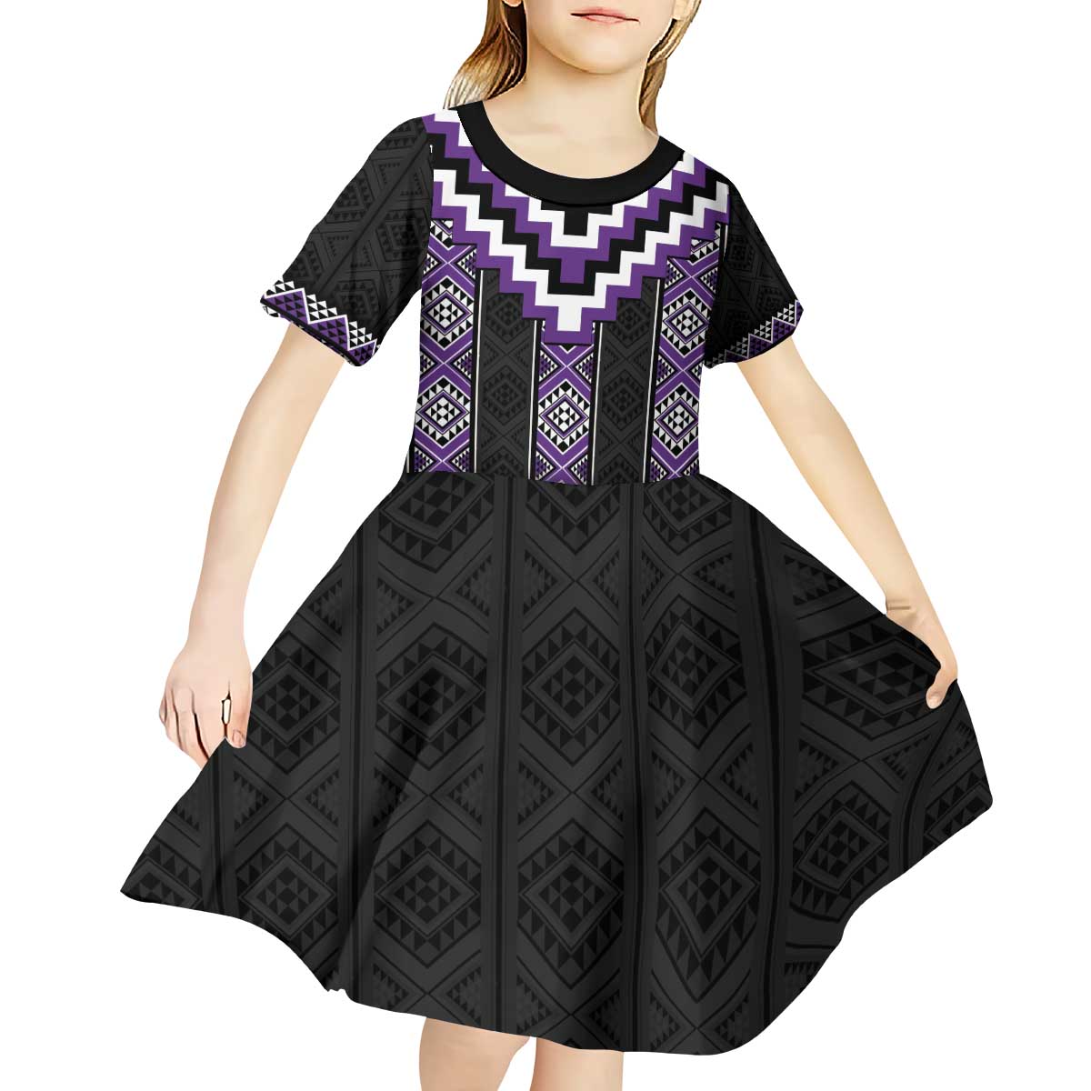 Purple Taniko Pattern Aotearoa Kid Short Sleeve Dress Niho Taniwha Mix Poutama LT14