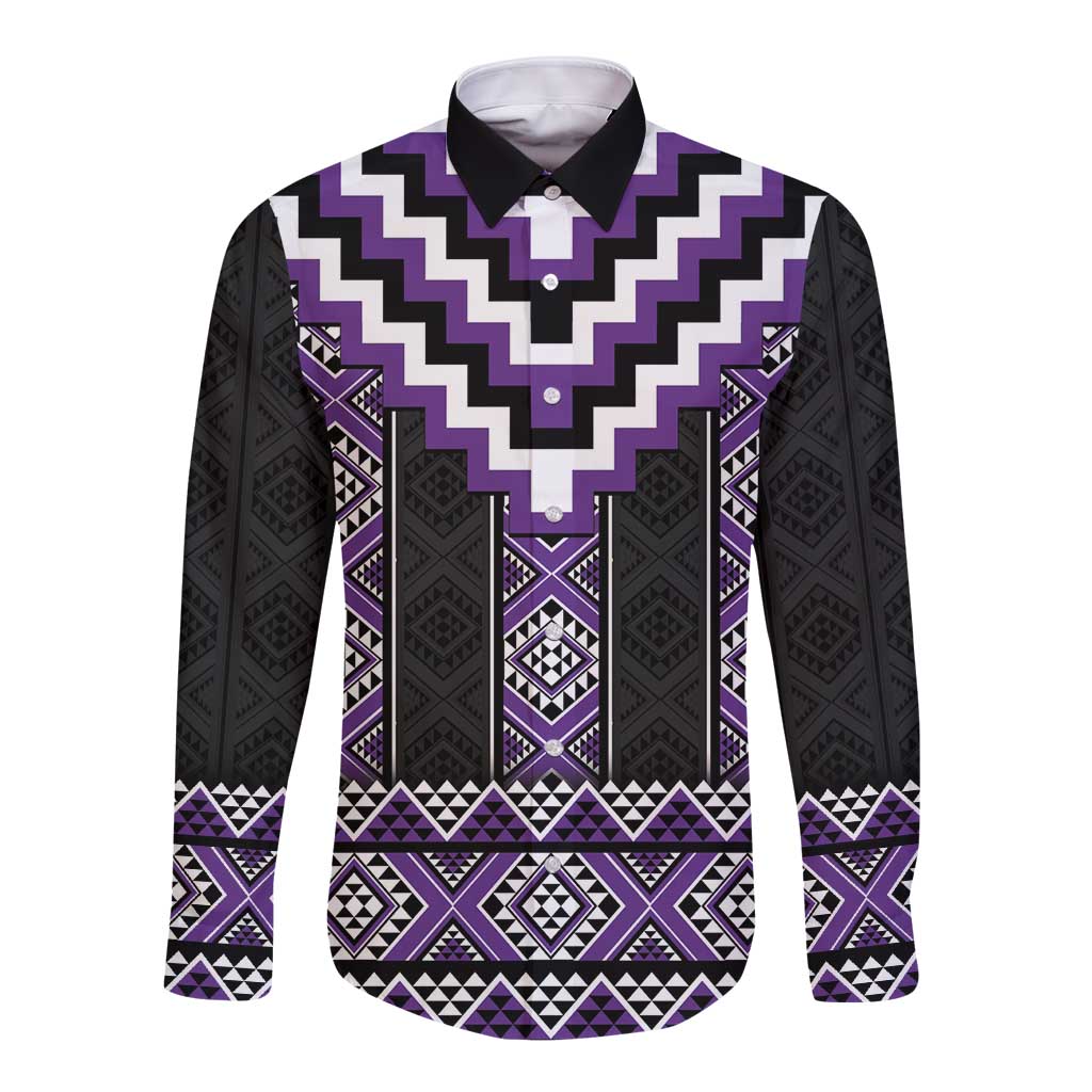 Purple Taniko Pattern Aotearoa Long Sleeve Button Shirt Niho Taniwha Mix Poutama LT14