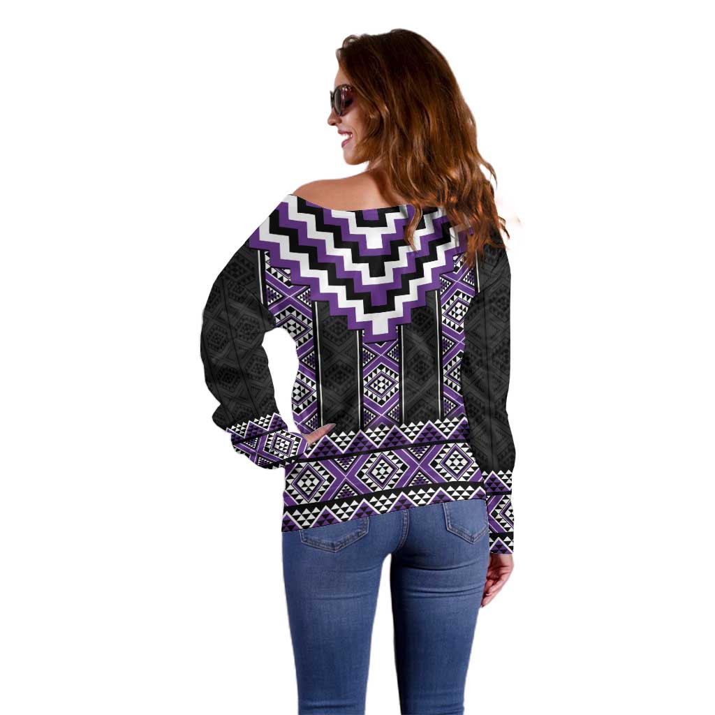 Purple Taniko Pattern Aotearoa Off Shoulder Sweater Niho Taniwha Mix Poutama LT14