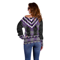 Purple Taniko Pattern Aotearoa Off Shoulder Sweater Niho Taniwha Mix Poutama LT14