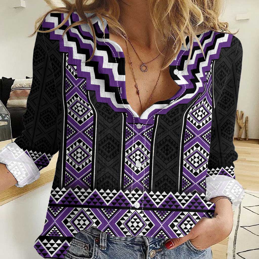 Purple Taniko Pattern Aotearoa Women Casual Shirt Niho Taniwha Mix Poutama LT14