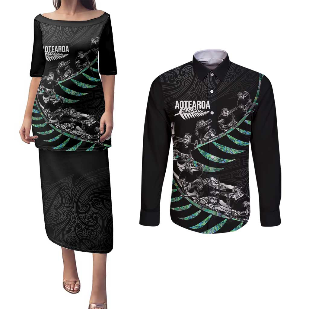 Custom New Zealand Silver Fern Rugby Couples Matching Puletasi and Long Sleeve Button Shirt Aotearoa Kiwi Maori Pattern