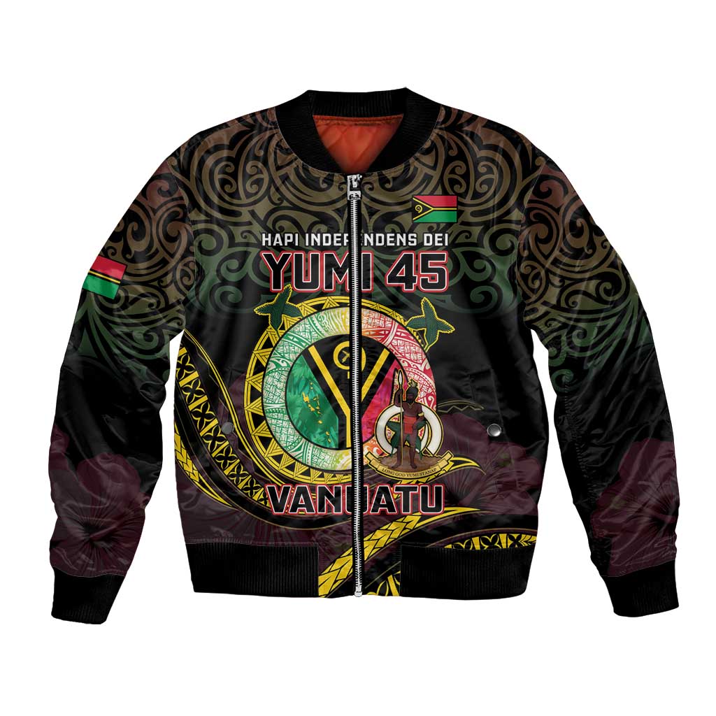 Personalised Vanuatu Bomber Jacket Yumi 45th Hapi Independens Dei - Black Version LT14