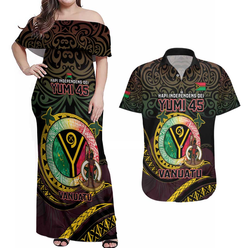 Personalised Vanuatu Couples Matching Off Shoulder Maxi Dress and Hawaiian Shirt Yumi 45th Hapi Independens Dei - Black Version LT14