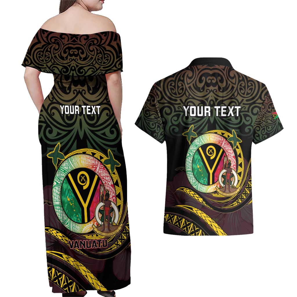 Personalised Vanuatu Couples Matching Off Shoulder Maxi Dress and Hawaiian Shirt Yumi 45th Hapi Independens Dei - Black Version LT14
