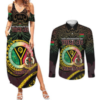 Personalised Vanuatu Couples Matching Summer Maxi Dress and Long Sleeve Button Shirt Yumi 46th Hapi Independens Dei - Black Version LT14 Black - Polynesian Pride