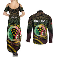 Personalised Vanuatu Couples Matching Summer Maxi Dress and Long Sleeve Button Shirt Yumi 46th Hapi Independens Dei - Black Version LT14 - Polynesian Pride