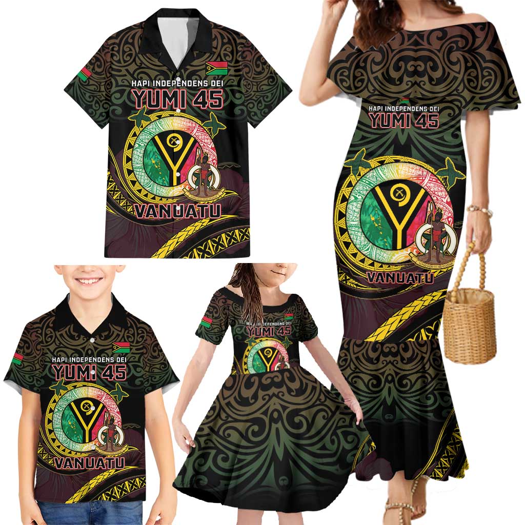 Personalised Vanuatu Family Matching Mermaid Dress and Hawaiian Shirt Yumi 45th Hapi Independens Dei - Black Version LT14