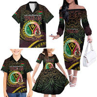 Personalised Vanuatu Family Matching Off The Shoulder Long Sleeve Dress and Hawaiian Shirt Yumi 45th Hapi Independens Dei - Black Version LT14
