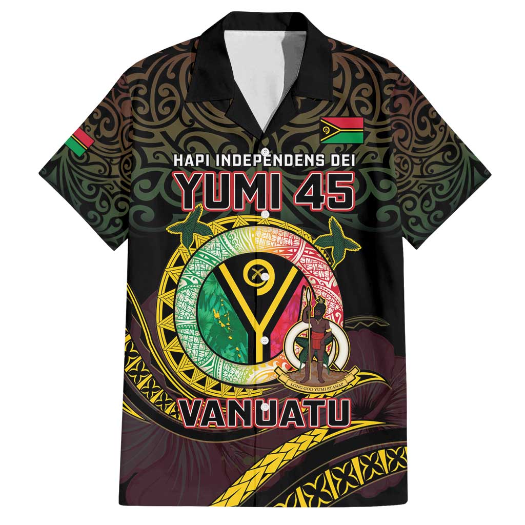 Personalised Vanuatu Family Matching Off Shoulder Short Dress and Hawaiian Shirt Yumi 45th Hapi Independens Dei - Black Version LT14