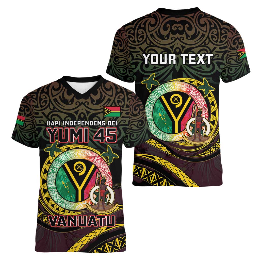 Personalised Vanuatu Women V-Neck T-Shirt Yumi 45th Hapi Independens Dei - Black Version LT14