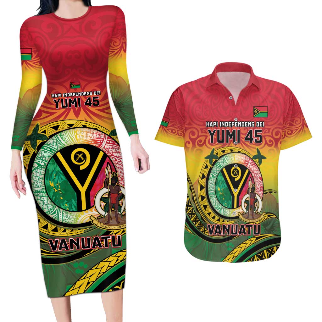 Personalised Vanuatu Couples Matching Long Sleeve Bodycon Dress and Hawaiian Shirt Yumi 45th Hapi Independens Dei - Reggae Version LT14
