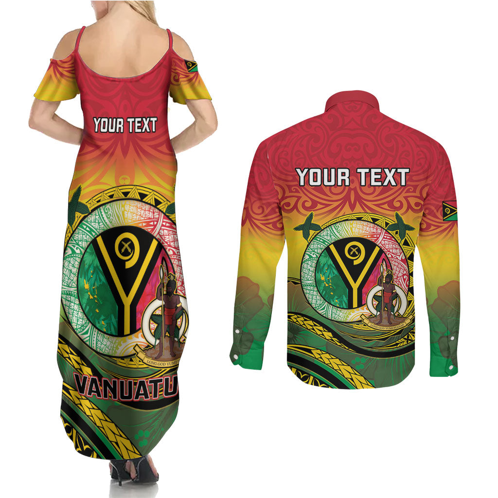 Personalised Vanuatu Couples Matching Summer Maxi Dress and Long Sleeve Button Shirt Yumi 46th Hapi Independens Dei - Reggae Version LT14 - Polynesian Pride