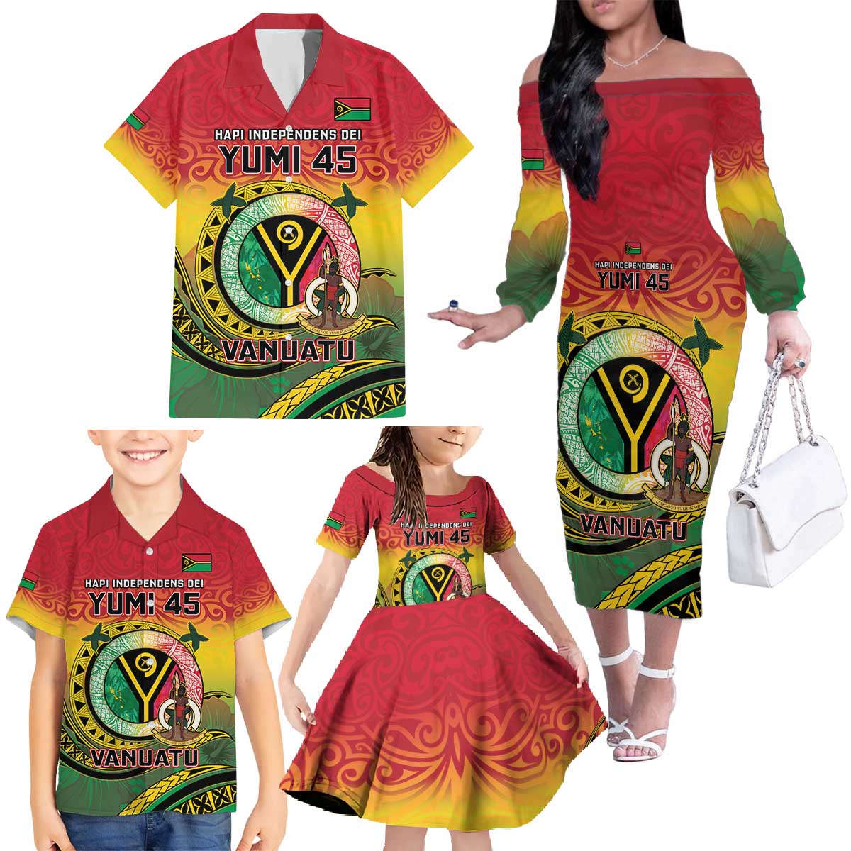 Personalised Vanuatu Family Matching Off The Shoulder Long Sleeve Dress and Hawaiian Shirt Yumi 45th Hapi Independens Dei - Reggae Version LT14