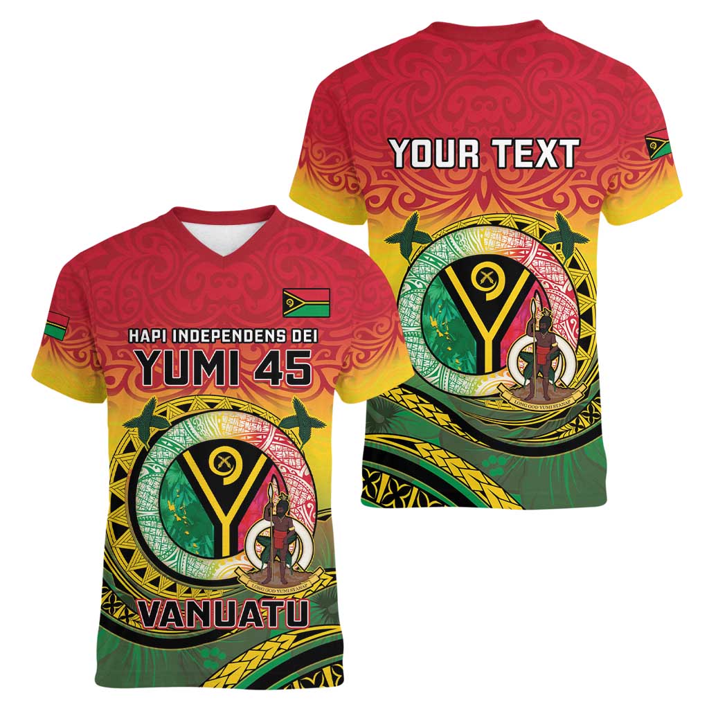 Personalised Vanuatu Women V-Neck T-Shirt Yumi 45th Hapi Independens Dei - Reggae Version LT14