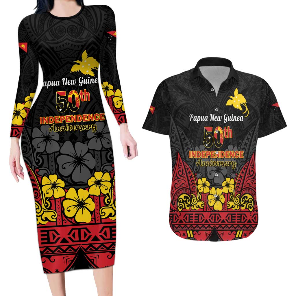 Papua New Guinea Independence Day Couples Matching Long Sleeve Bodycon Dress and Hawaiian Shirt PNG Bird of Paradise 50th Anniversary LT14