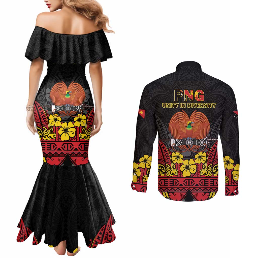 Papua New Guinea Independence Day Couples Matching Mermaid Dress and Long Sleeve Button Shirt PNG Bird of Paradise 50th Anniversary LT14