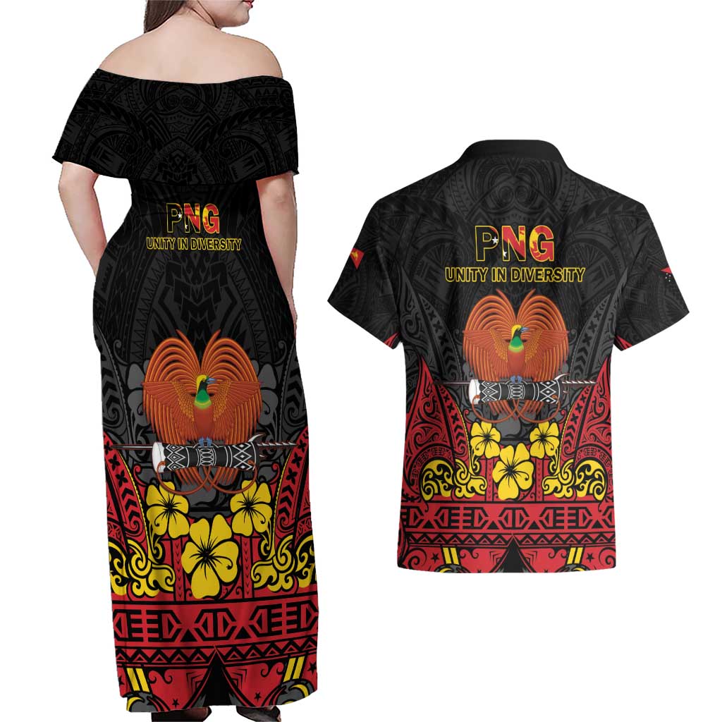 Papua New Guinea Independence Day Couples Matching Off Shoulder Maxi Dress and Hawaiian Shirt PNG Bird of Paradise 50th Anniversary LT14